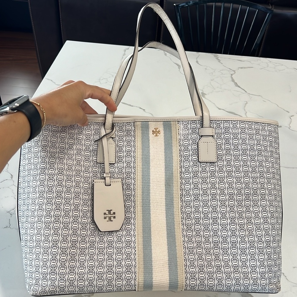 Tory Burch White and Gray Tote Bag